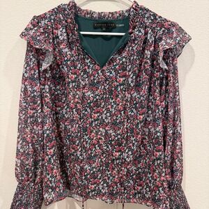 Endless Rose Women Floral Ruffle V-Neck Chiffon Blouse Green Pink HN1546T Size M